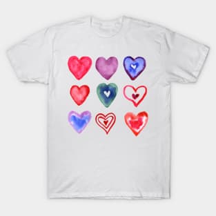 Light Multi colored watercolor hearts T-Shirt